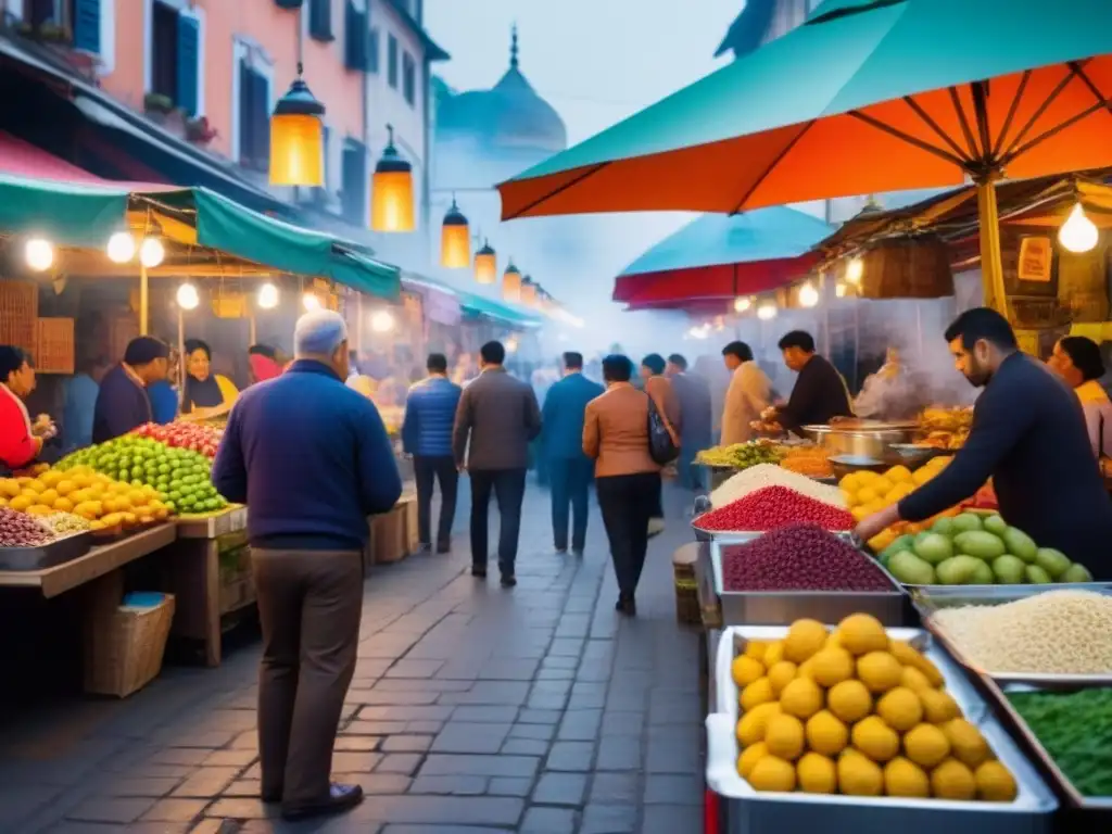 Un mercado callejero vibrante lleno de locales y turistas, con puestos coloridos rebosantes de frutas exóticas, platos recién cocinados y especias aromáticas