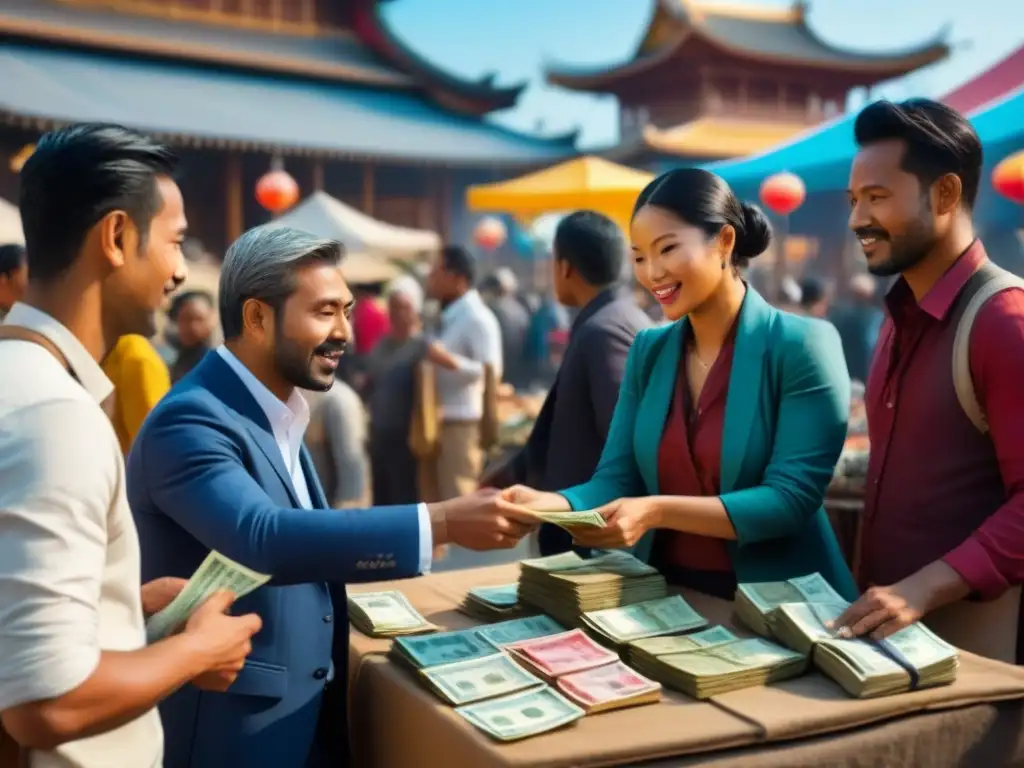 Intercambio de divisas en mercado multicultural Un mercado cultural bullicioso donde viajeros intercambian monedas, en un ambiente vibrante de inmersión cultural