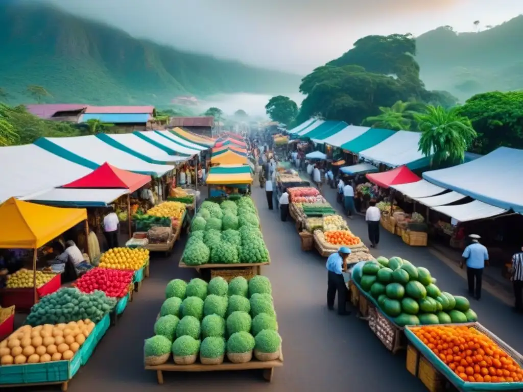 Mercado local con frutas, verduras y artesanías coloridas