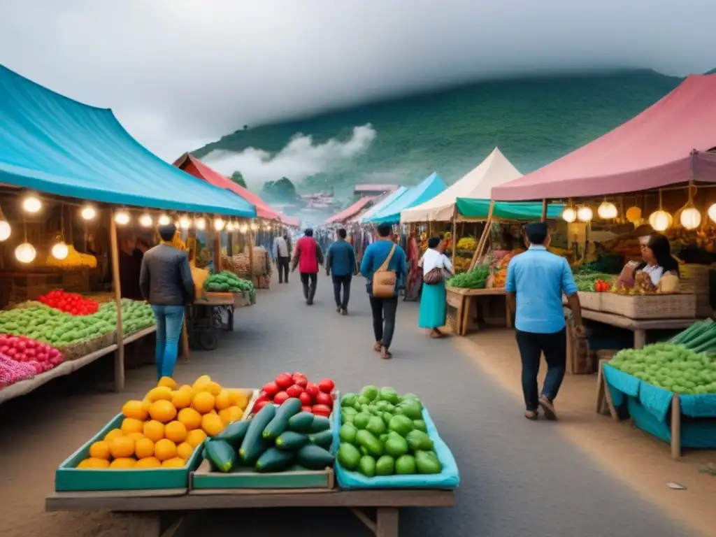 Mercado local vibrante y bullicioso, con puestos coloridos de productos frescos y artesanías