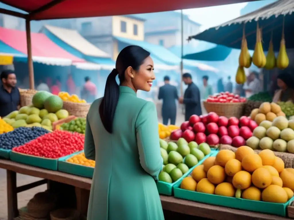 Un mercado local vibrante en un destino exótico, lleno de frutas coloridas, artesanías y lugareños sonrientes