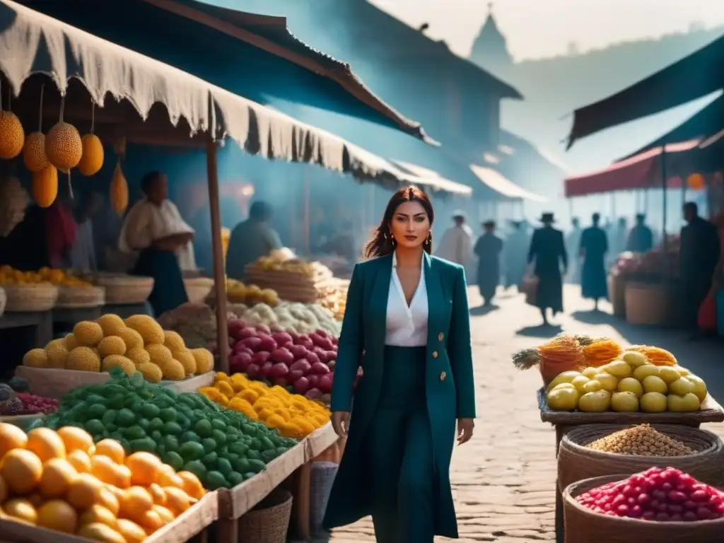 Mercado local exótico: colores vibrantes y cultura en cada detalle Un mercado local vibrante en un país extranjero, bañado por la cálida luz dorada, resaltando productos coloridos y artesanías tradicionales