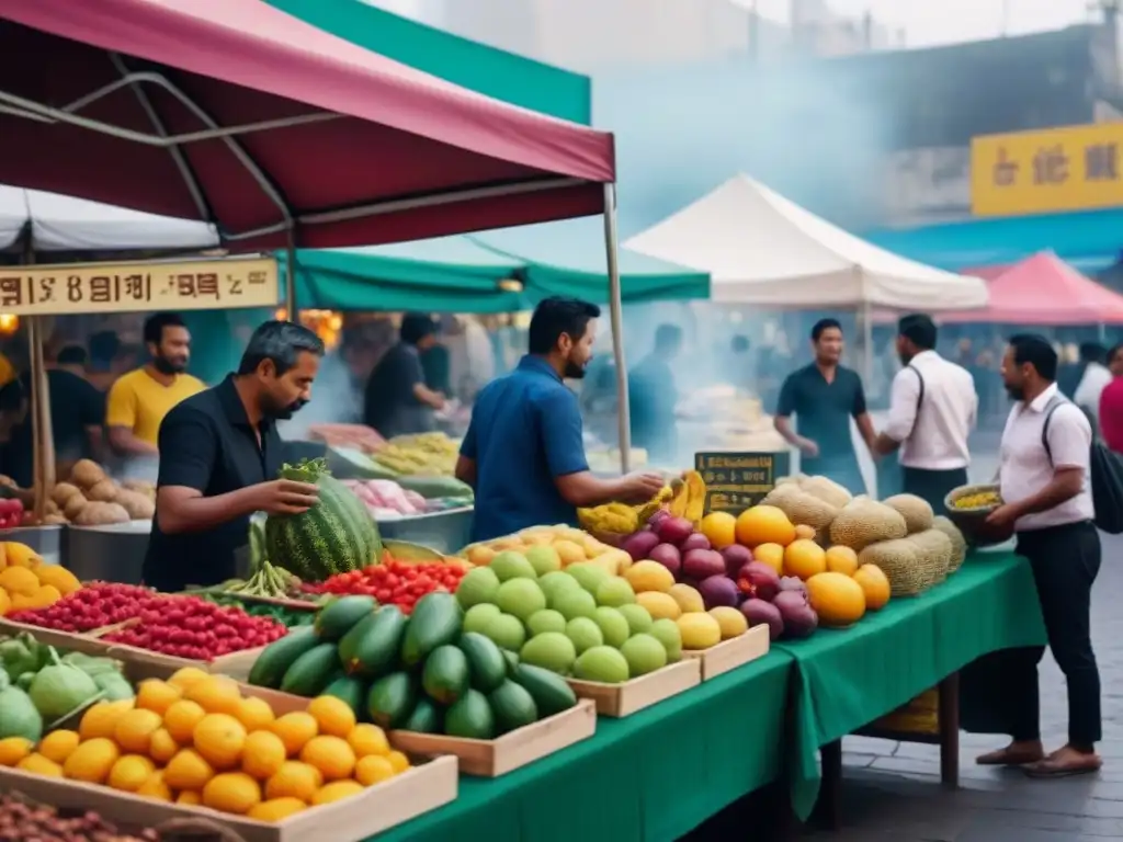 Un mercado vibrante lleno de colores y diversidad étnica, mostrando la importancia de la seguridad alimentaria al probar comidas exóticas