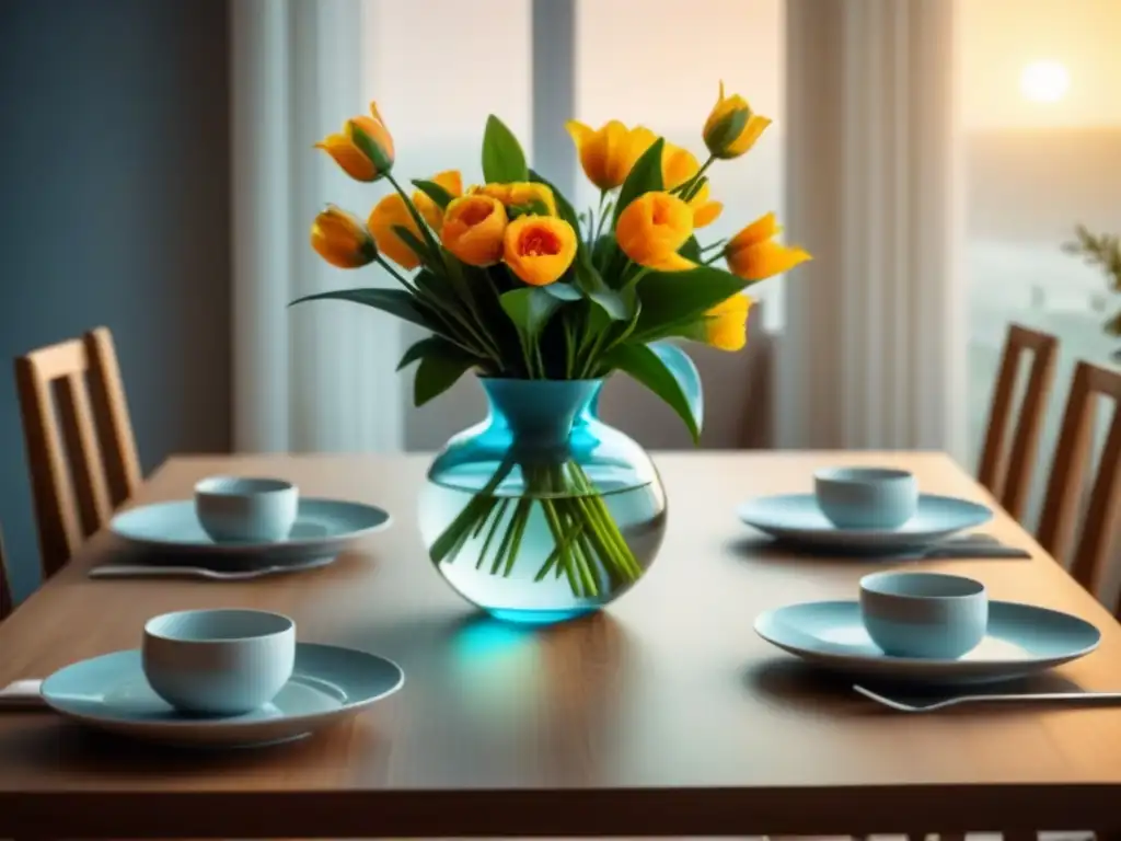 Mesa de comedor elegante en homestay acogedor, con vajilla refinada, flores frescas y luz ambiental cálida