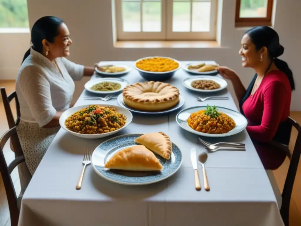 Una mesa de comidas tradicionales familiares en una inmersión cultural, con platos variados y gente diversa compartiendo risas y alegría