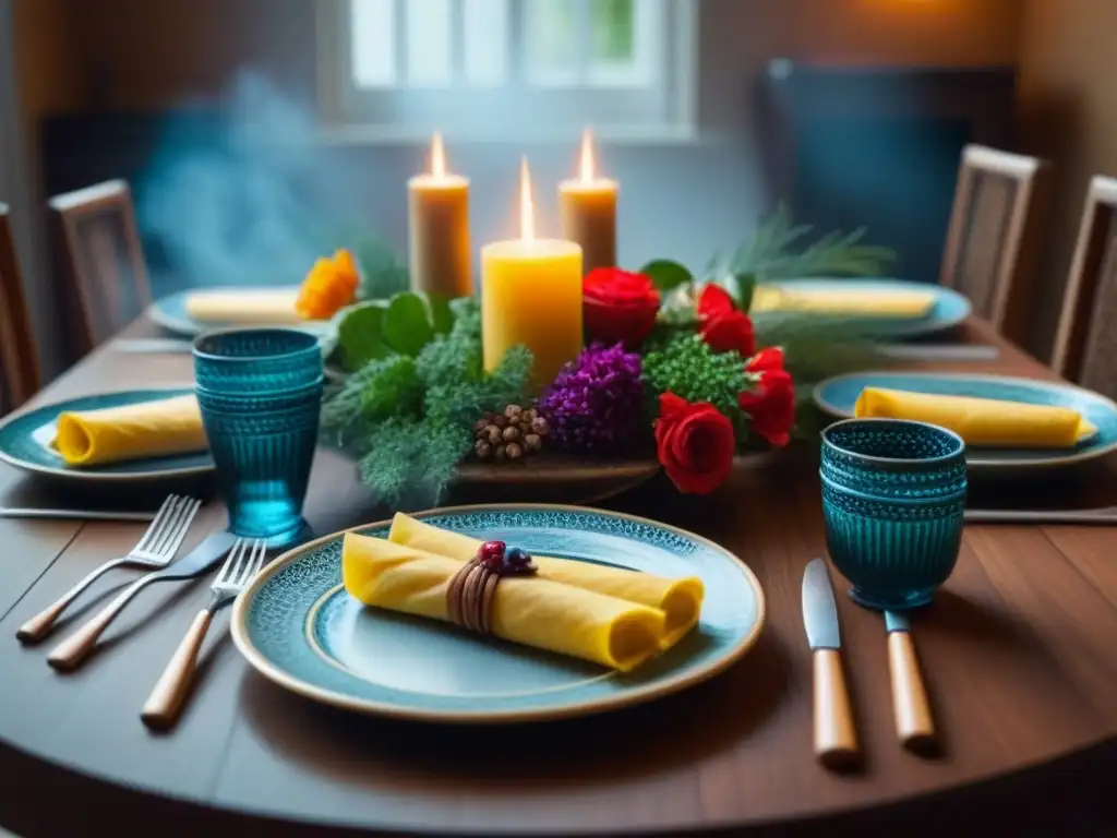 Una mesa de comidas tradicionales familiares inmersión cultural, con platos coloridos de todo el mundo en una mesa de madera bellamente decorada