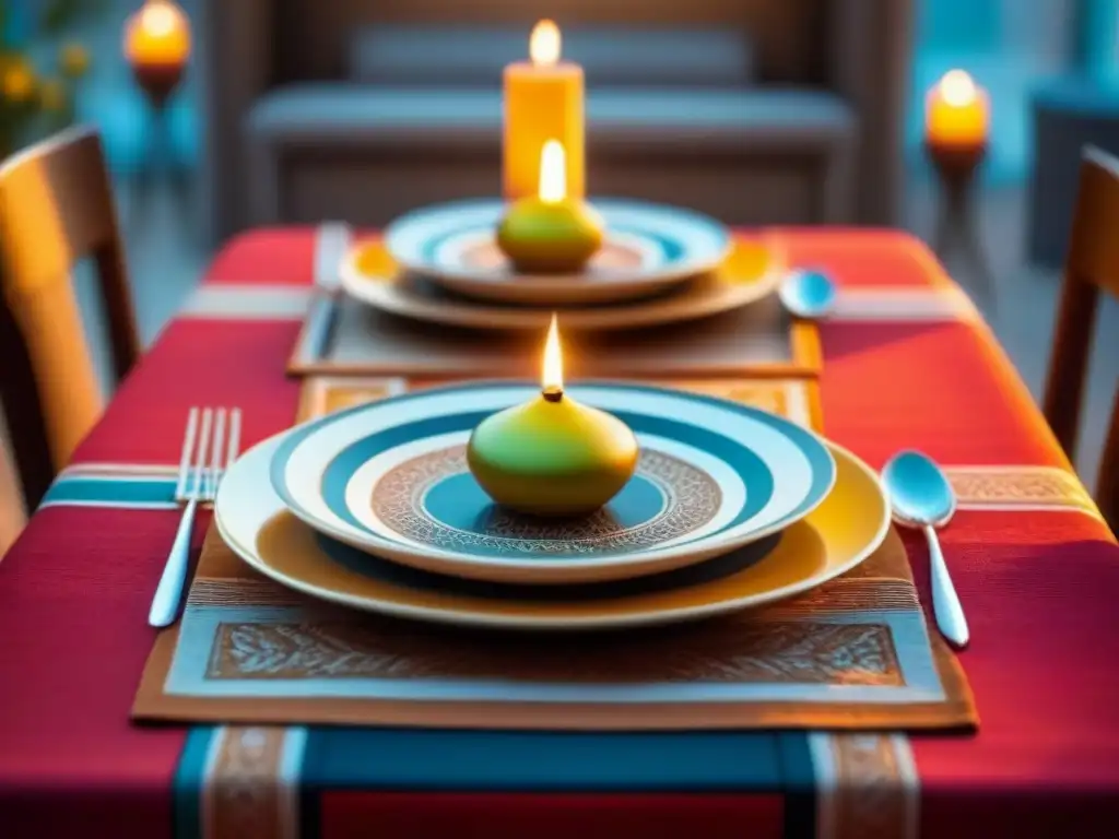 Una mesa bellamente decorada para una cena temática cultural para huéspedes, con colores vibrantes, motivos culturales y luz de velas cálida