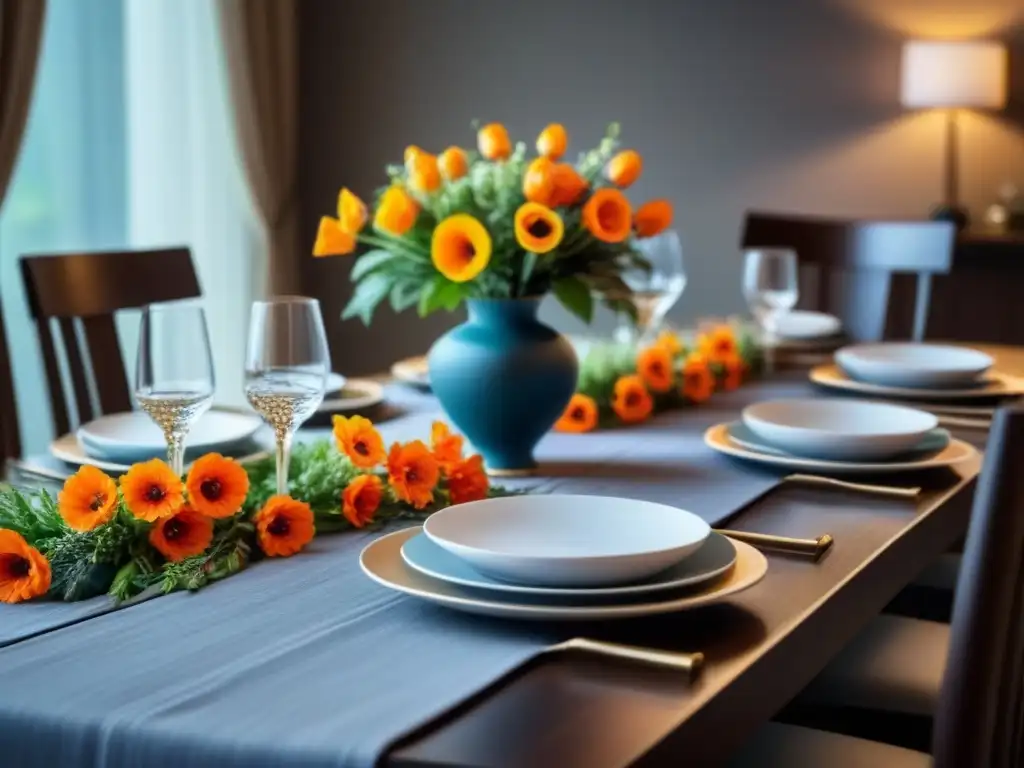 Una mesa bellamente decorada para una cena temática cultural, con vajilla estampada, servilletas elegantes y un centro de flores vibrantes