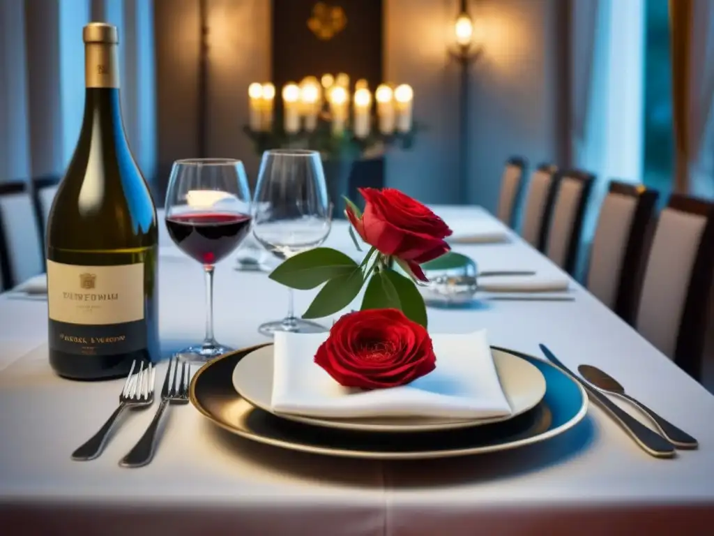 Una mesa elegantemente decorada en un restaurante italiano tradicional, con vino y cristalería