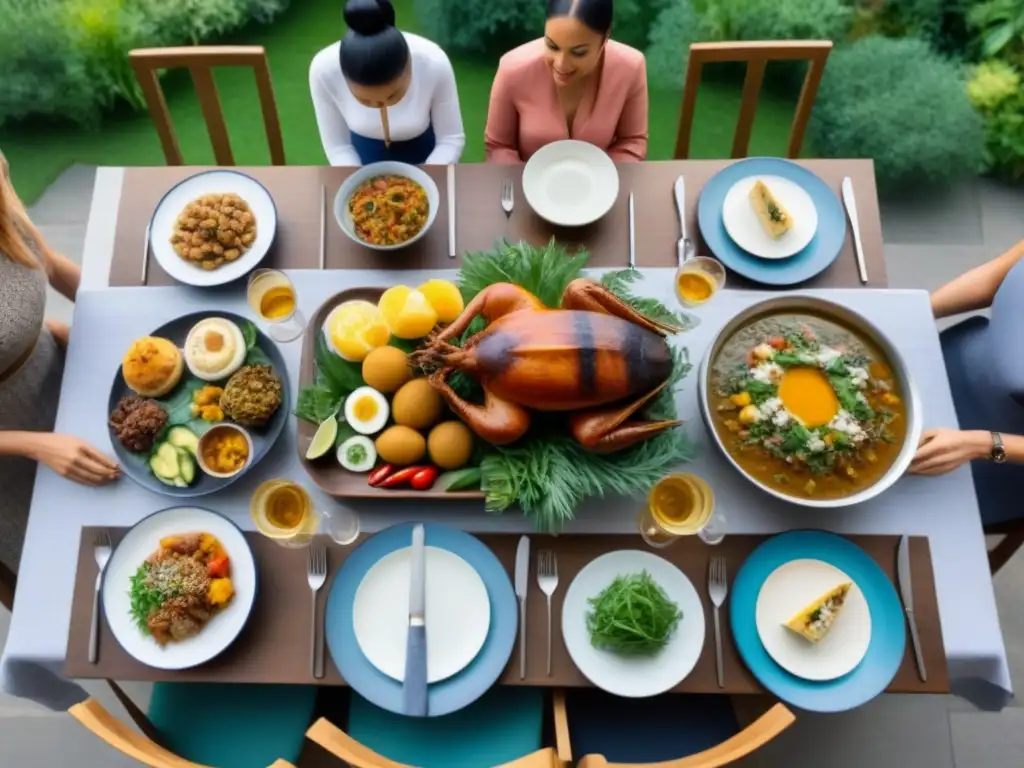 Una mesa diversa y colorida al aire libre con platos del mundo