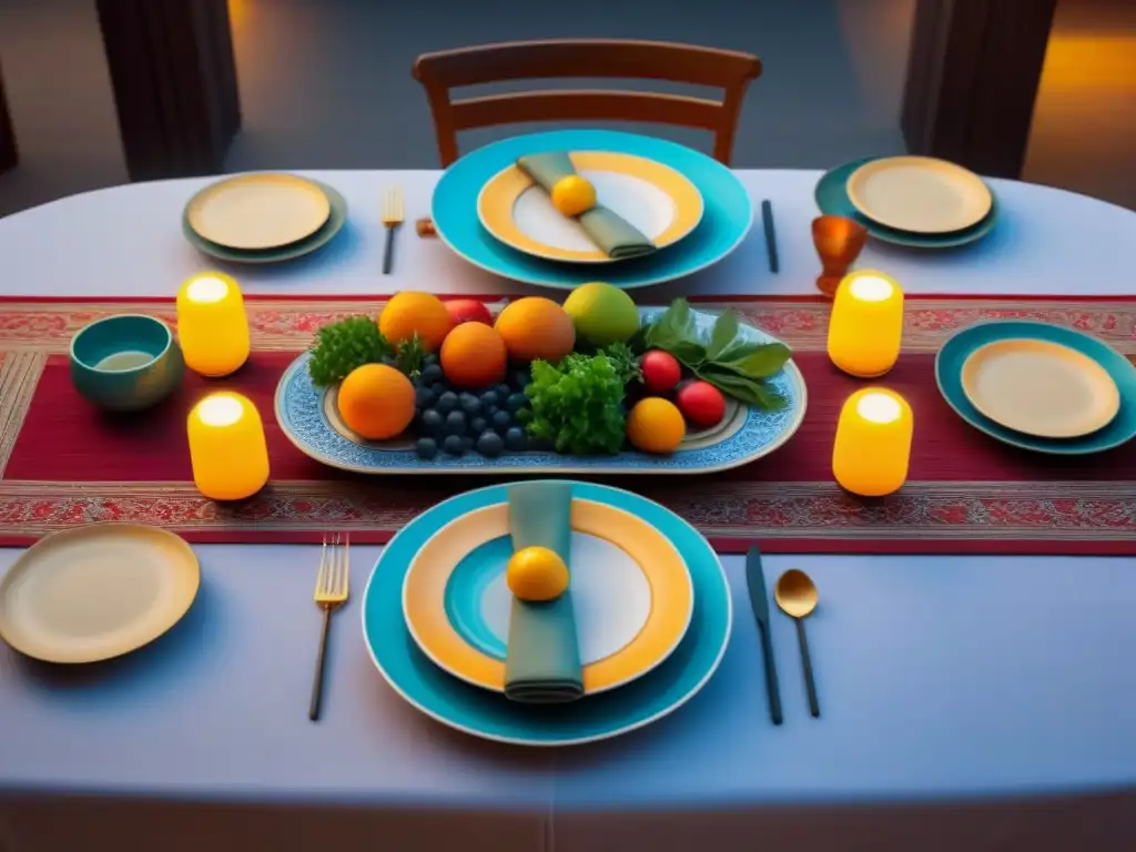 Una mesa larga decorada con platos cerámicos de diferentes culturas del mundo, iluminada por una suave luz ambiental