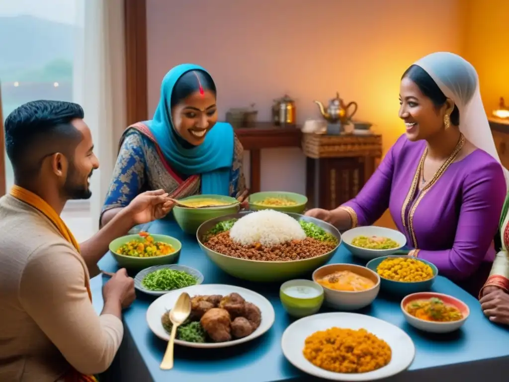 Experiencia multicultural: comida y conversación enriquecedoras Una mesa llena de colores y cultura, personas diversas compartiendo y disfrutando una comida