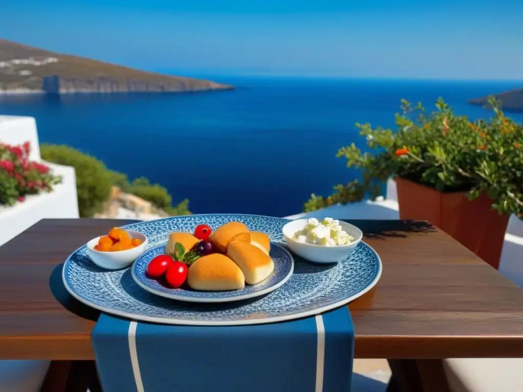 Una mesa rústica junto al mar Egeo con platos griegos y vista a una isla