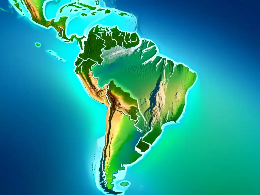 Ilustración minimalista de la diversidad climática en Sudamérica, desde picos andinos nevados hasta exuberantes bosques amazónicos, con una paleta de colores que va de azules helados a verdes vibrantes