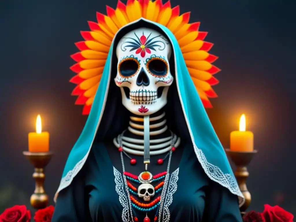 Ilustración minimalista de Santa Muerte en México, representando la dualidad entre la fe y la superstición en el culto a Santa Muerte en México