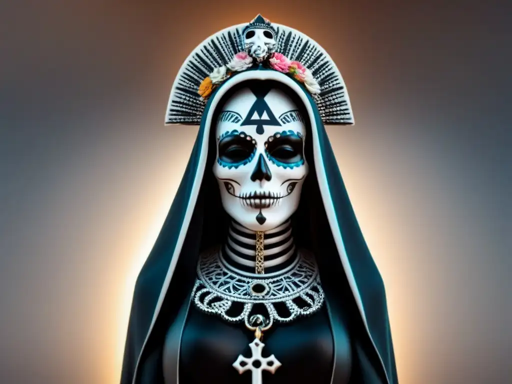 Ilustración minimalista de La Santa Muerte en México con patrones y símbolos culturales y religiosos