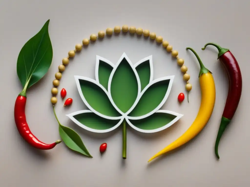 Armonía cultural: lotus, olivo, arroz y chili entrelazados Ilustración minimalista con símbolos culturales entrelazados, representando la unión de tradiciones culinarias influenciadas por diferentes religiones