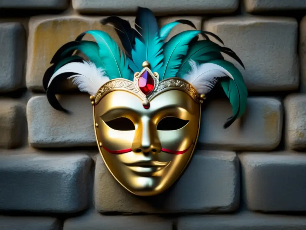 Máscara veneciana: Misterio y tradición en alta resolución Misteriosa máscara veneciana colgada en pared de piedra desgastada