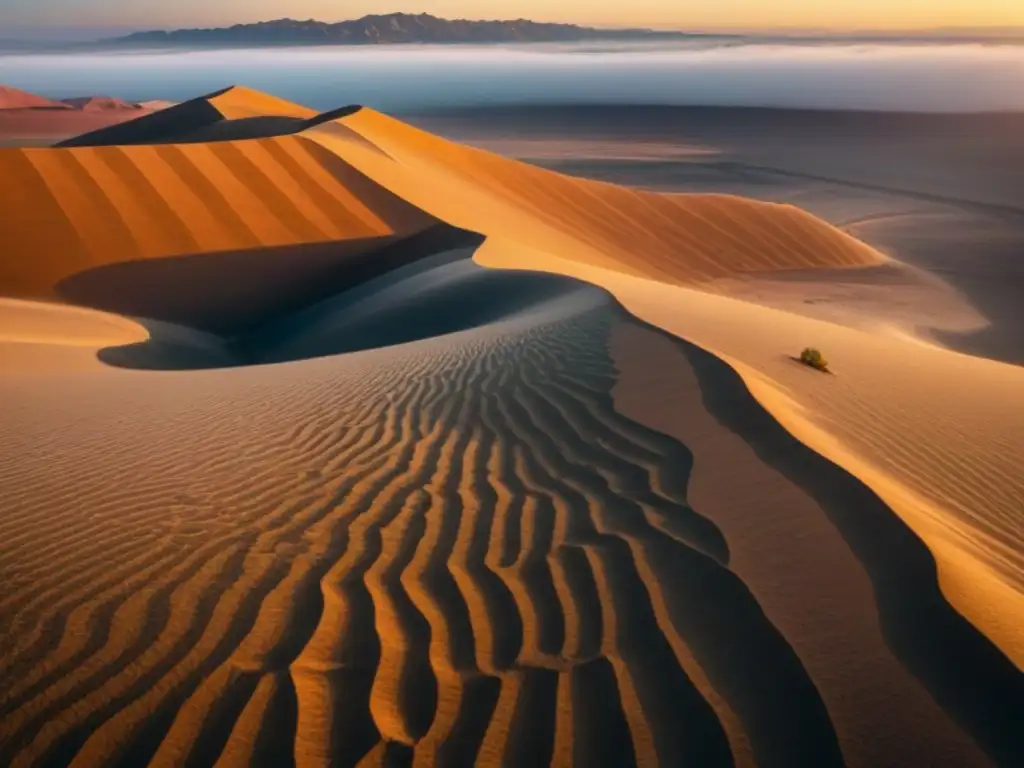 Misteriosas figuras Nazca significado: Antiguos geoglifos en desierto al atardecer, revelando formas geométricas e animales