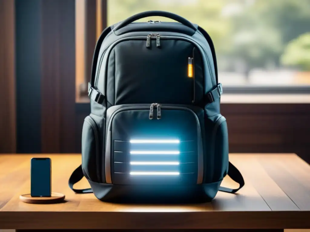 Mochila de alta tecnología para viajes sobre mesa de madera rústica, con paneles solares y puerto USB integrado