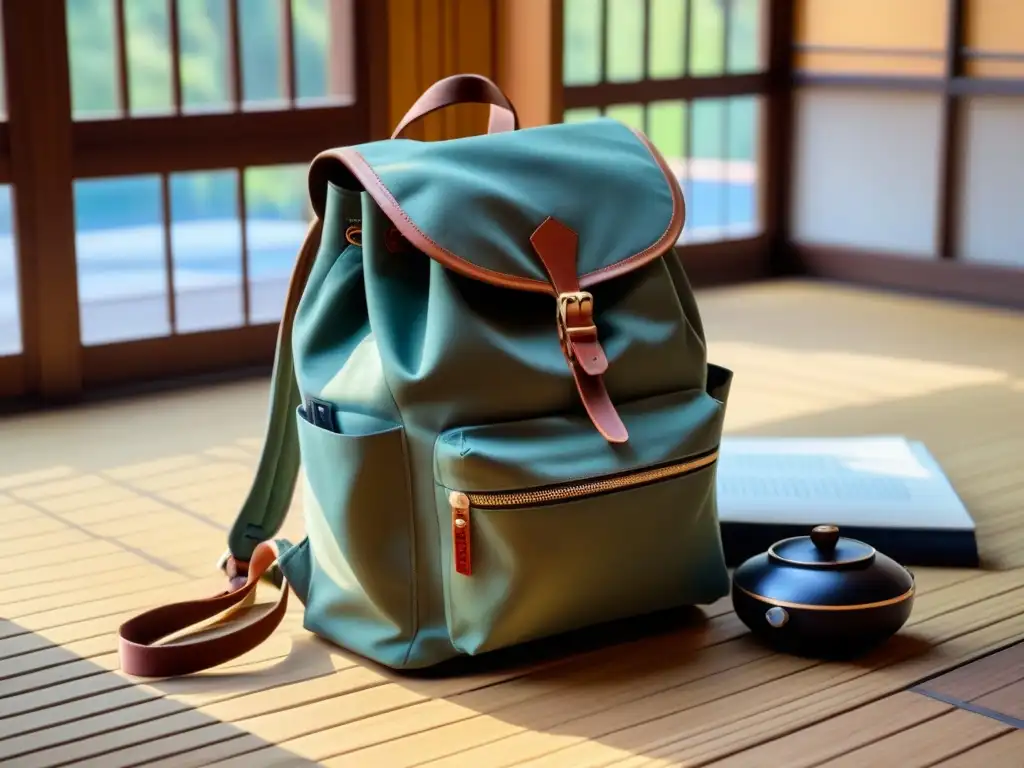 Una mochila minimalista repleta de artículos de viaje en un homestay asiático