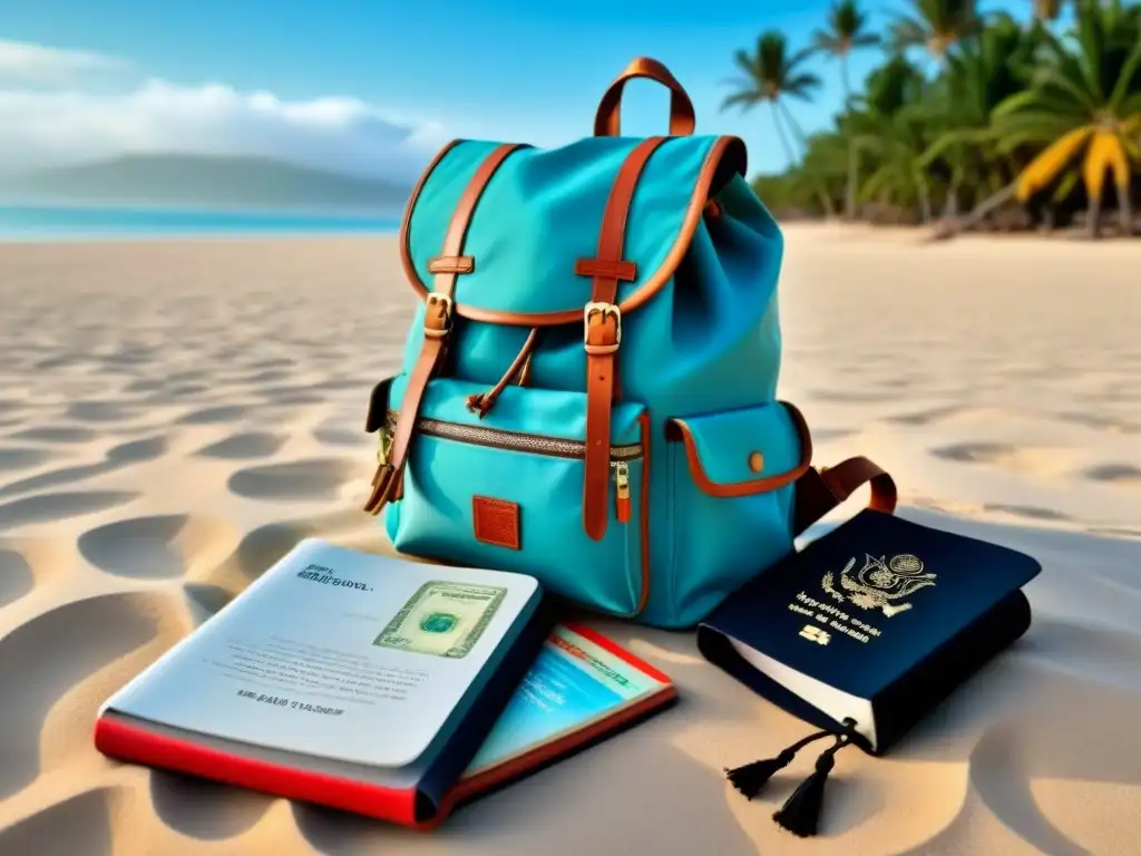 Mochila del viajero abierta en la playa, con ropa enrollada, guía de viaje, pasaporte y dinero extranjero