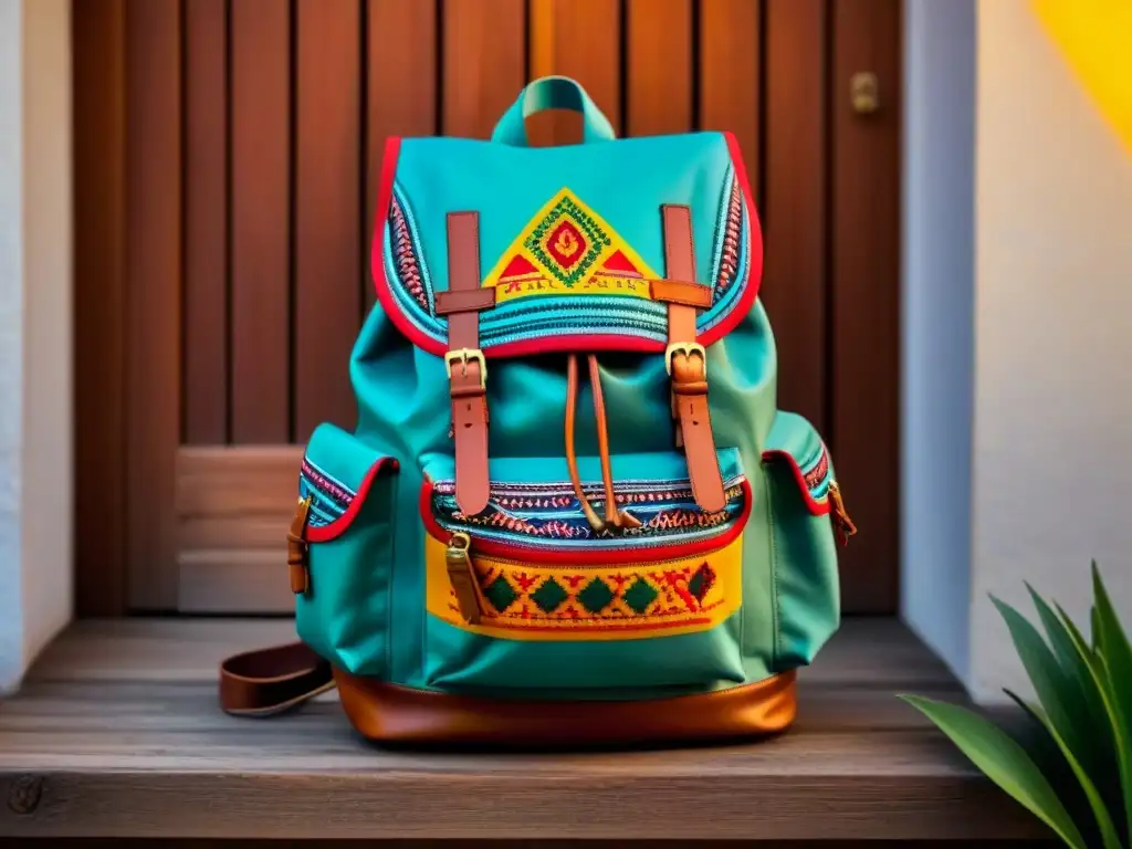 Backpack de viajero con patrones latinoamericanos en homestay Mochila de viajero con patrones latinoamericanos, lista para homestay en América Latina