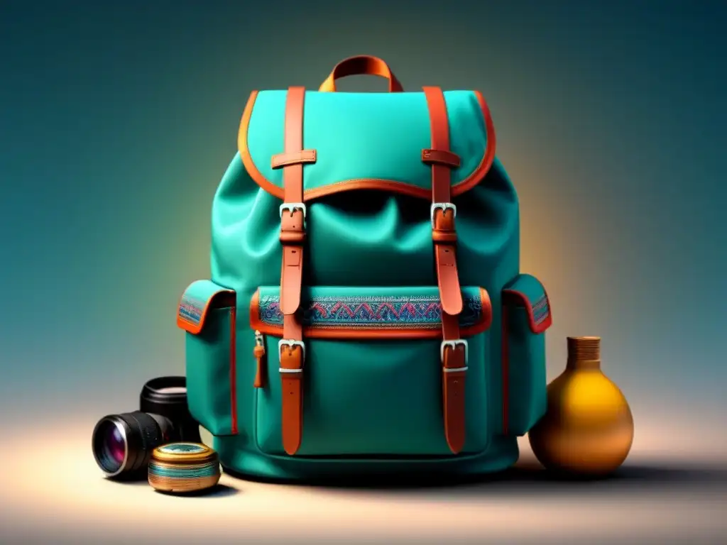 Una mochila de viajero rebosante de coloridos recuerdos culturales, como textiles, baratijas y arte local, simbolizando una experiencia de viaje rica y envolvente