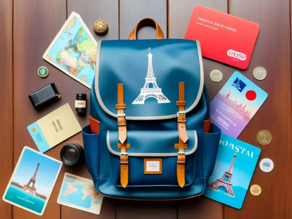 Mochila viajera con souvenirs de todo el mundo en mesa de madera Una mochila de viajero rebosante de recuerdos y artefactos culturales de todo el mundo, organizados en una mesa de madera