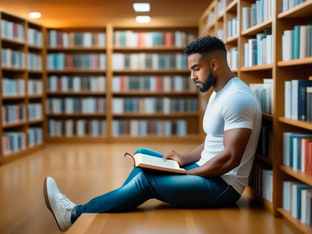 Un momento de autodescubrimiento cultural en una tranquila biblioteca, rodeado de libros de diferentes culturas