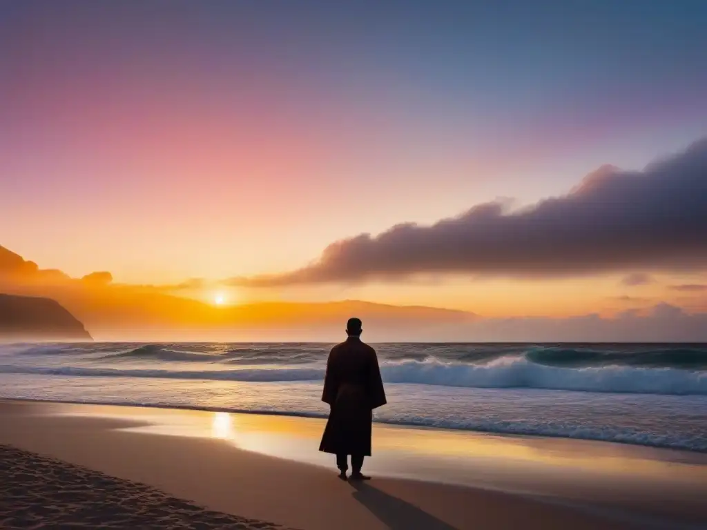 Un momento de paz y reflexión en una playa remota al atardecer, con la palabra clave 'Inmersión cultural en ceremonias religiosas'