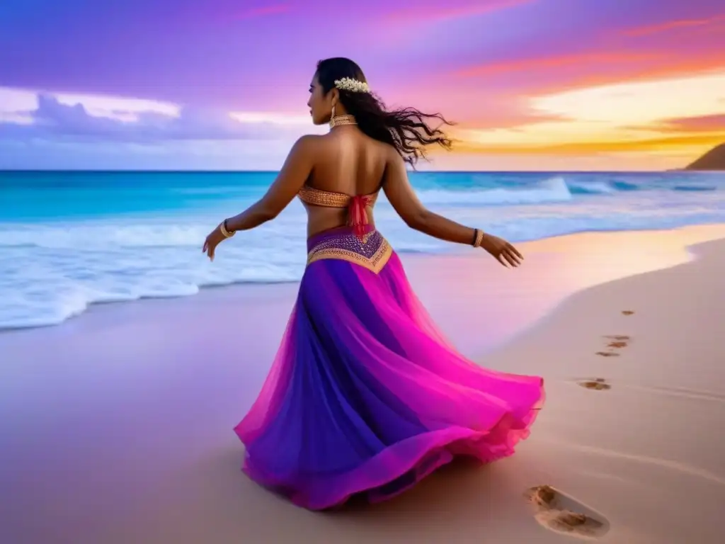 Una mujer isleña del Pacífico realiza un baile ritual al atardecer en una playa de Oceanía