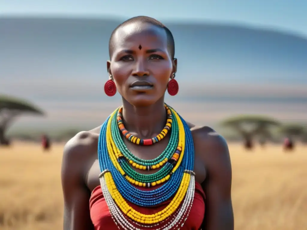 Una mujer Maasai tradicional en Kenia con joyería de diseñadores locales, bajo el cielo azul de la sabana africana