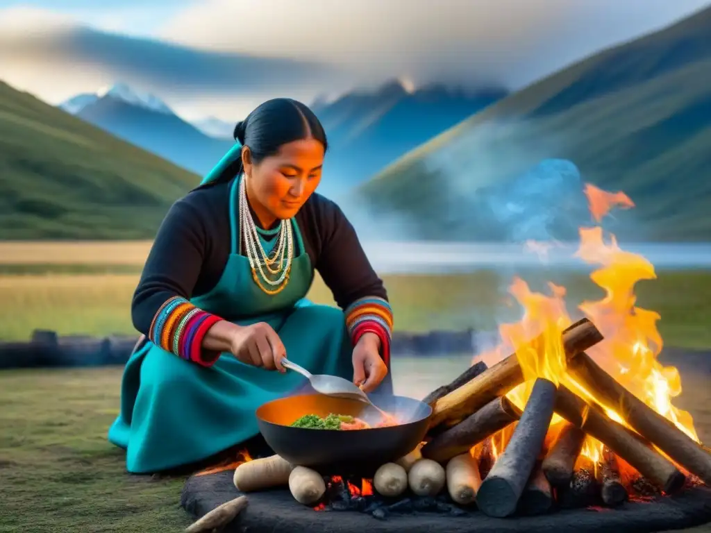 Una mujer Mapuche prepara un plato patagónico tradicional en la naturaleza, reflejando los sabores únicos de la cocina tradicional en Patagonia