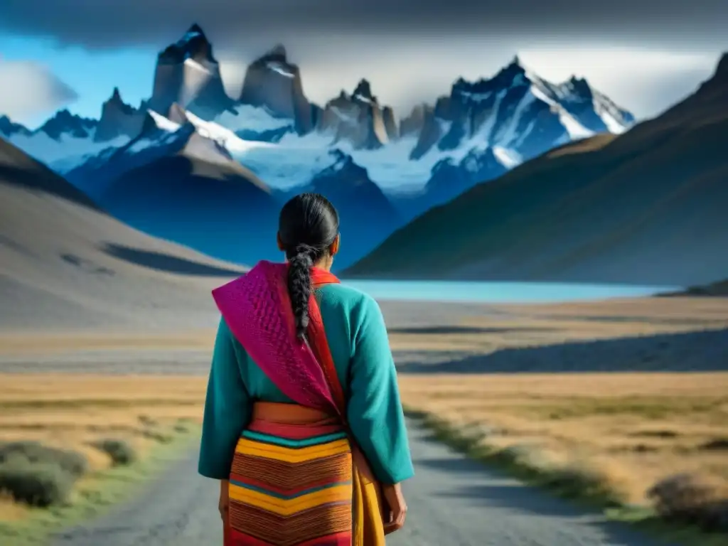 Una mujer tehuelche en Patagonia, con textiles coloridos, mirando al horizonte