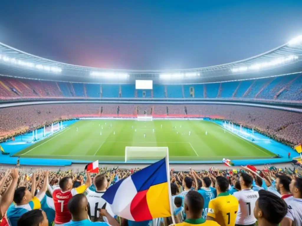 Una multitud diversa celebra en un estadio, banderas de distintas naciones ondeando