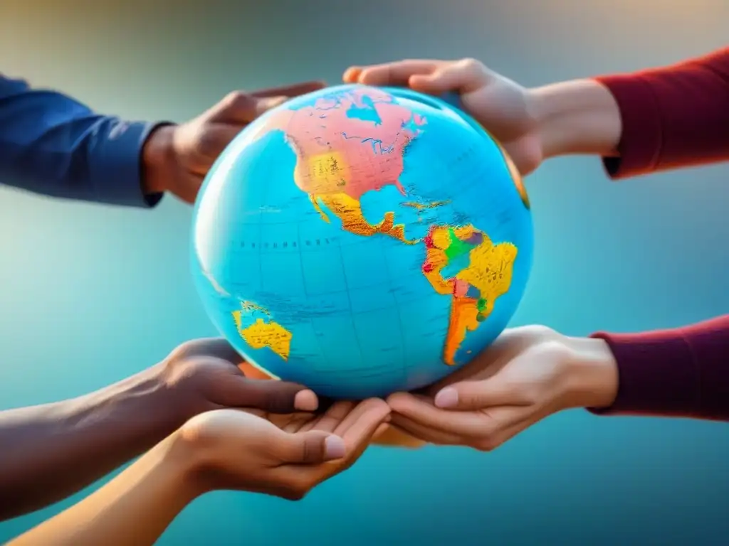 Un mundo de diversidad cultural: personas intercambiando saludos alrededor de un globo de manos entrelazadas