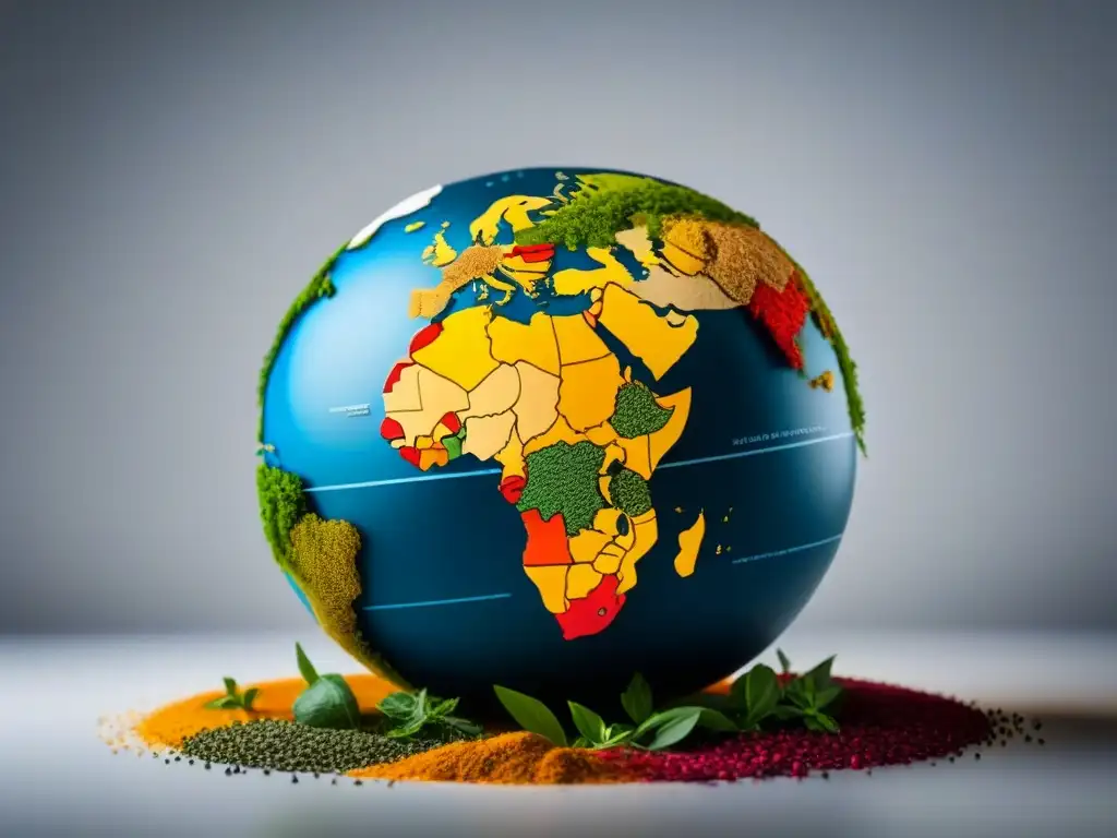 Esfera mundial de especias y hierbas vibrantes Un mundo de secretos sabores auténticos: globo de especias y hierbas coloridas representando continentes