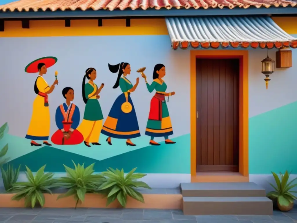 Murales urbanos: fusionando culturas en homestays Un mural vibrante y colorido en una homestay tradicional, mostrando un grupo diverso de personas de diferentes culturas compartiendo experiencias