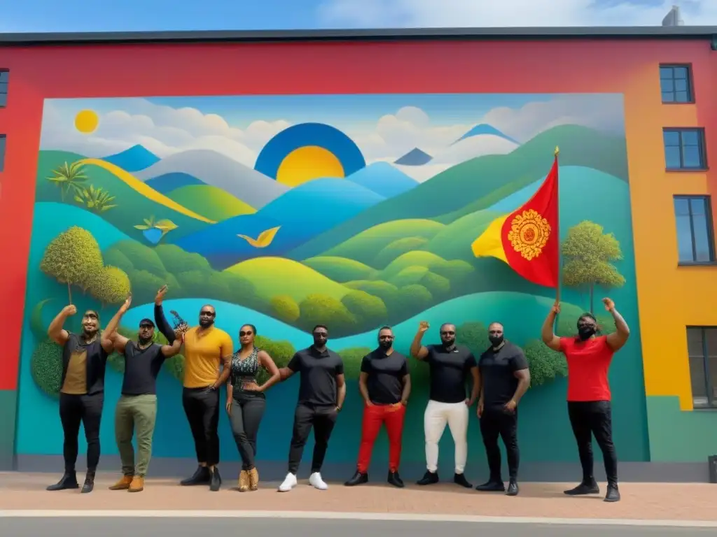Colaboración artística global: mural de unidad y diversidad Un mural vibrante y diverso que celebra intercambios culturales a través del arte, con artistas de todo el mundo colaborando en armonía