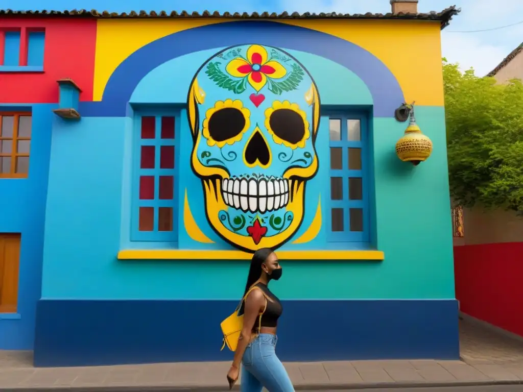 Mural urbano: fusión de culturas en armonía Un mural vibrante en una pared de la ciudad que fusiona símbolos culturales del mundo, representando la unidad en Arte urbano en homestays culturales
