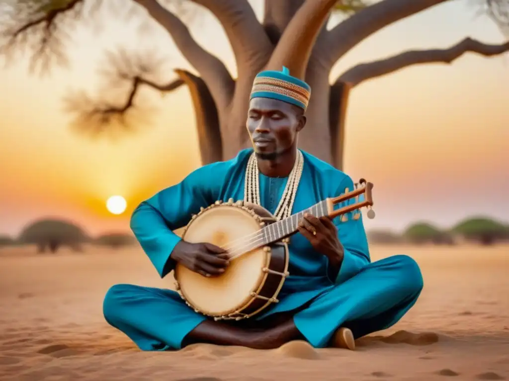 Músico senegalés tocando la kora bajo un baobab al atardecer Un músico senegalés tocando la kora bajo un baobab al atardecer