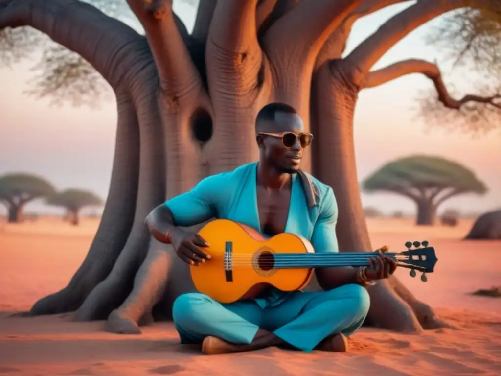 Melodía senegalesa: músico tocando la kora bajo el baobab al atardecer Un músico senegalés toca la kora bajo un baobab al atardecer