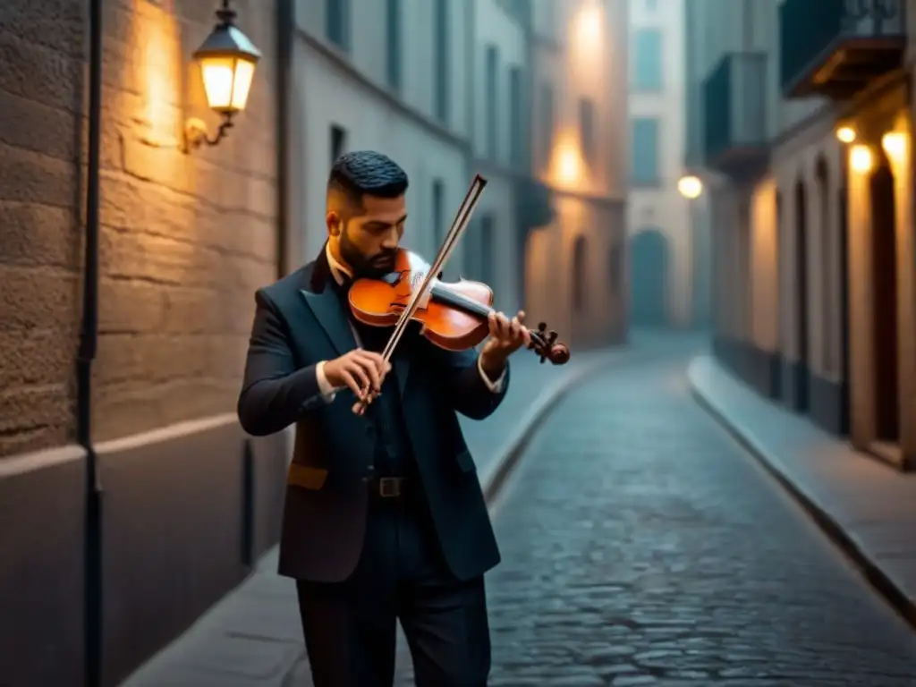 Un músico Klezmer solitario interpreta una melodía conmovedora en un violín desgastado bajo la luz de una farola en un callejón oscuro