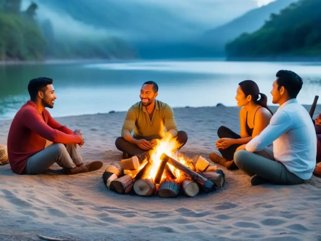 Narrativas orales en homestays culturales: Grupo diverso junto a fogata, compartiendo historias al atardecer