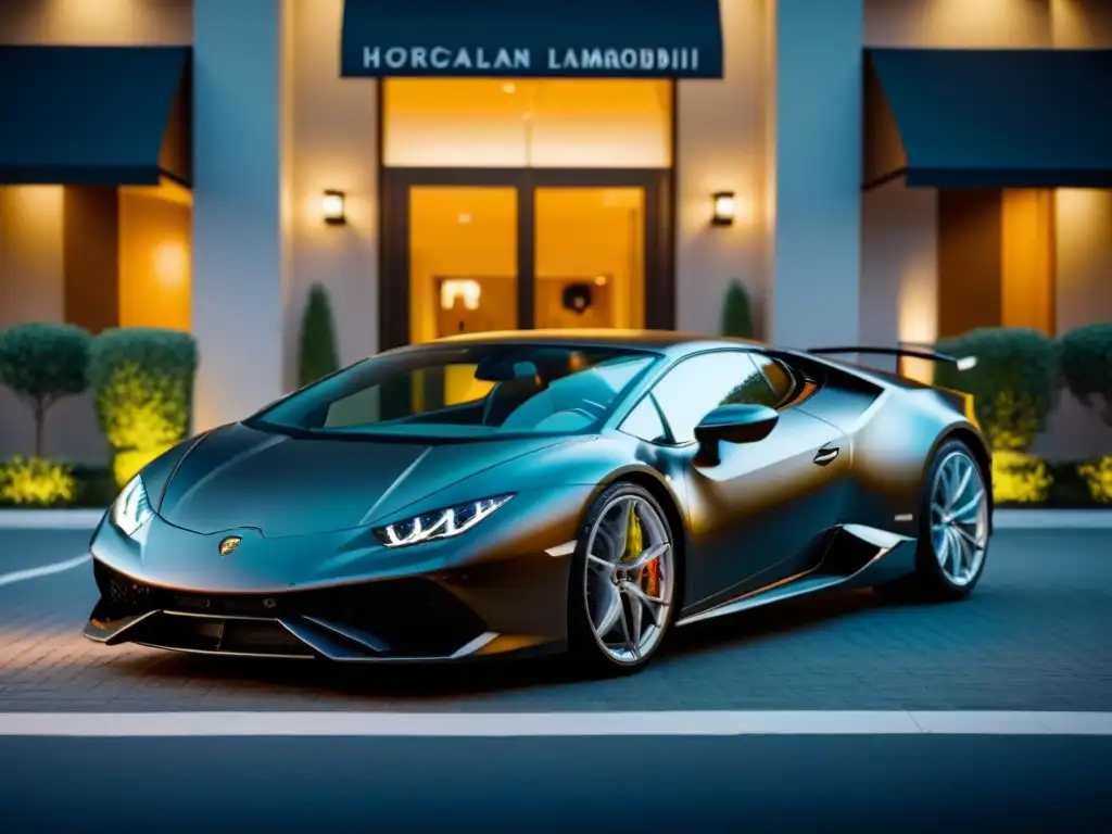 Deslumbrante Lamborghini Huracán negro frente a hotel de lujo, reflejando luces de la ciudad en la noche