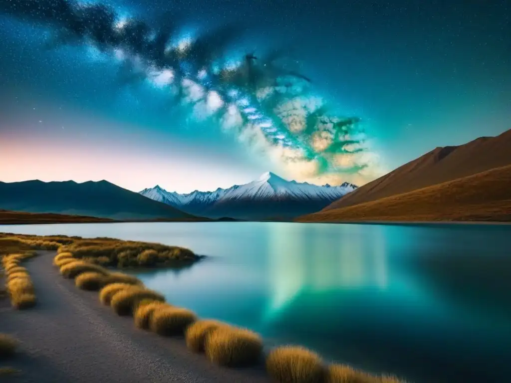 Una noche estrellada sobre el Lago Tekapo en Nueva Zelanda, con la Vía Láctea reflejada en las tranquilas aguas y los Alpes del Sur nevados al fondo