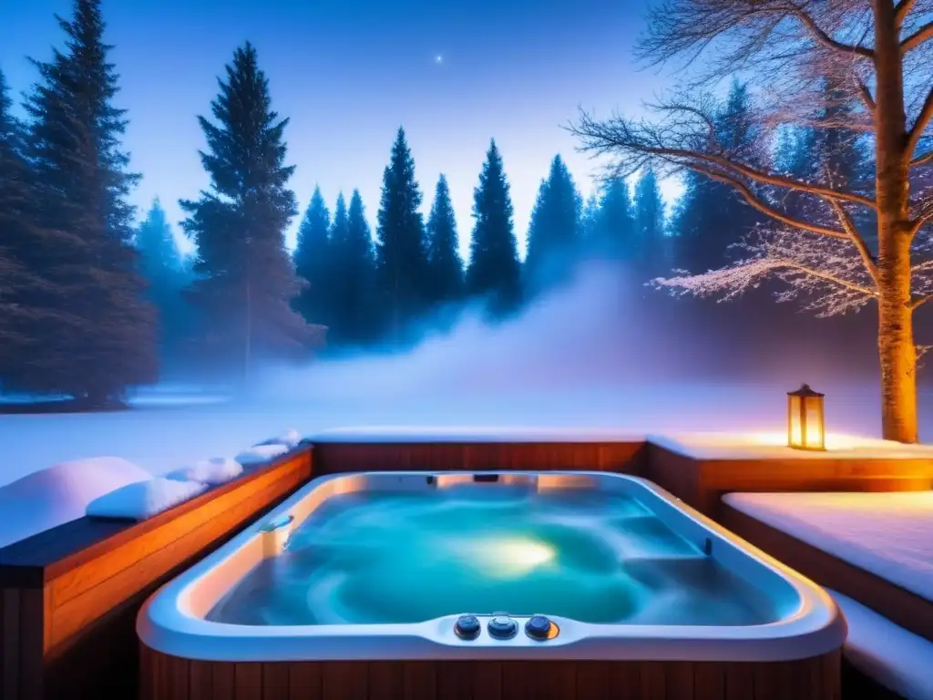 Noche de invierno en un lujoso spa: un jacuzzi al aire libre rodeado de árboles nevados bajo un cielo estrellado