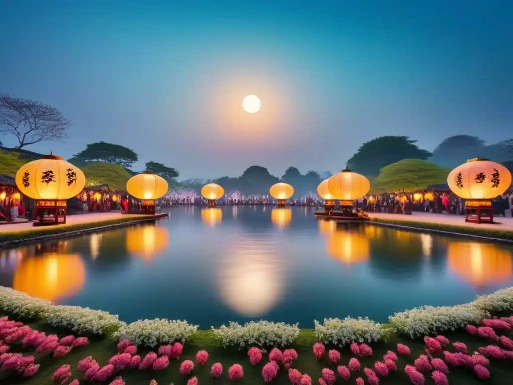 Una noche serena en Asia: la luna ilumina faroles tradicionales sobre un estanque tranquilo, rodeado de naturaleza exuberante y siluetas de pagodas