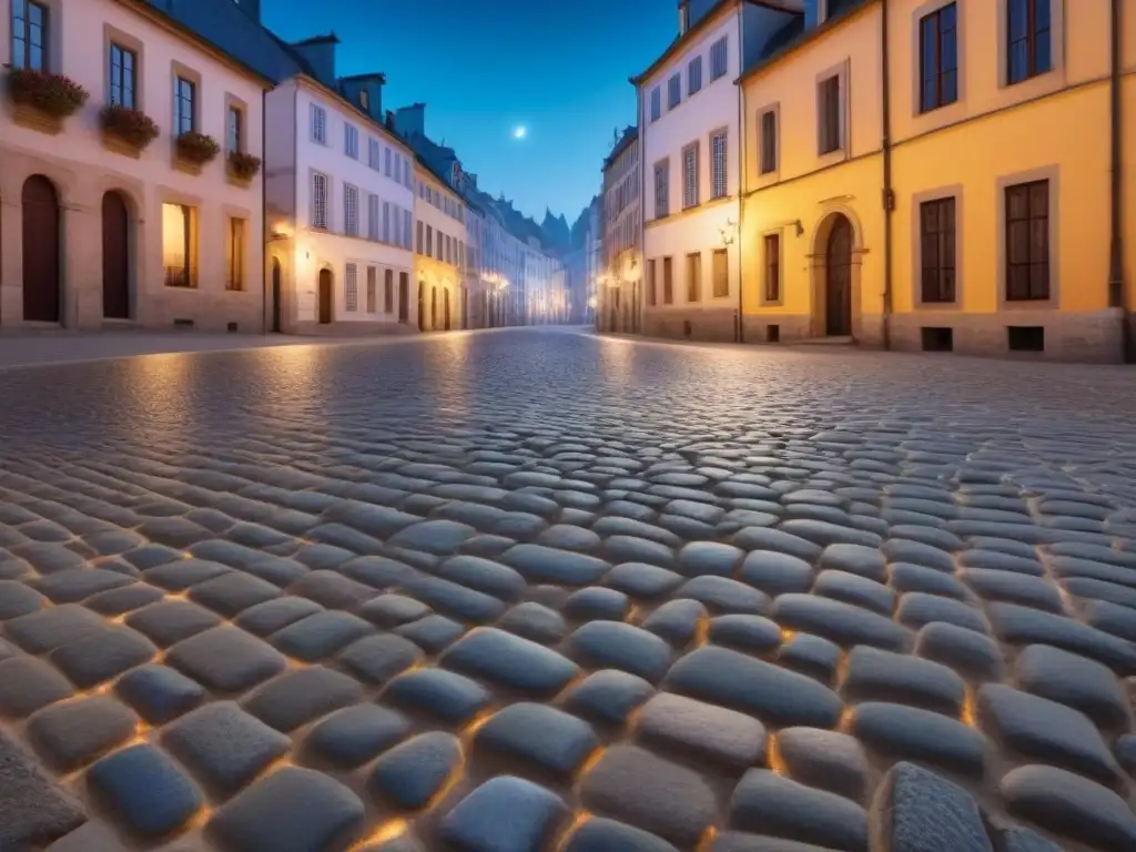 Fotografía nocturna de una calle empedrada en una ciudad europea histórica, iluminada por cálidas farolas